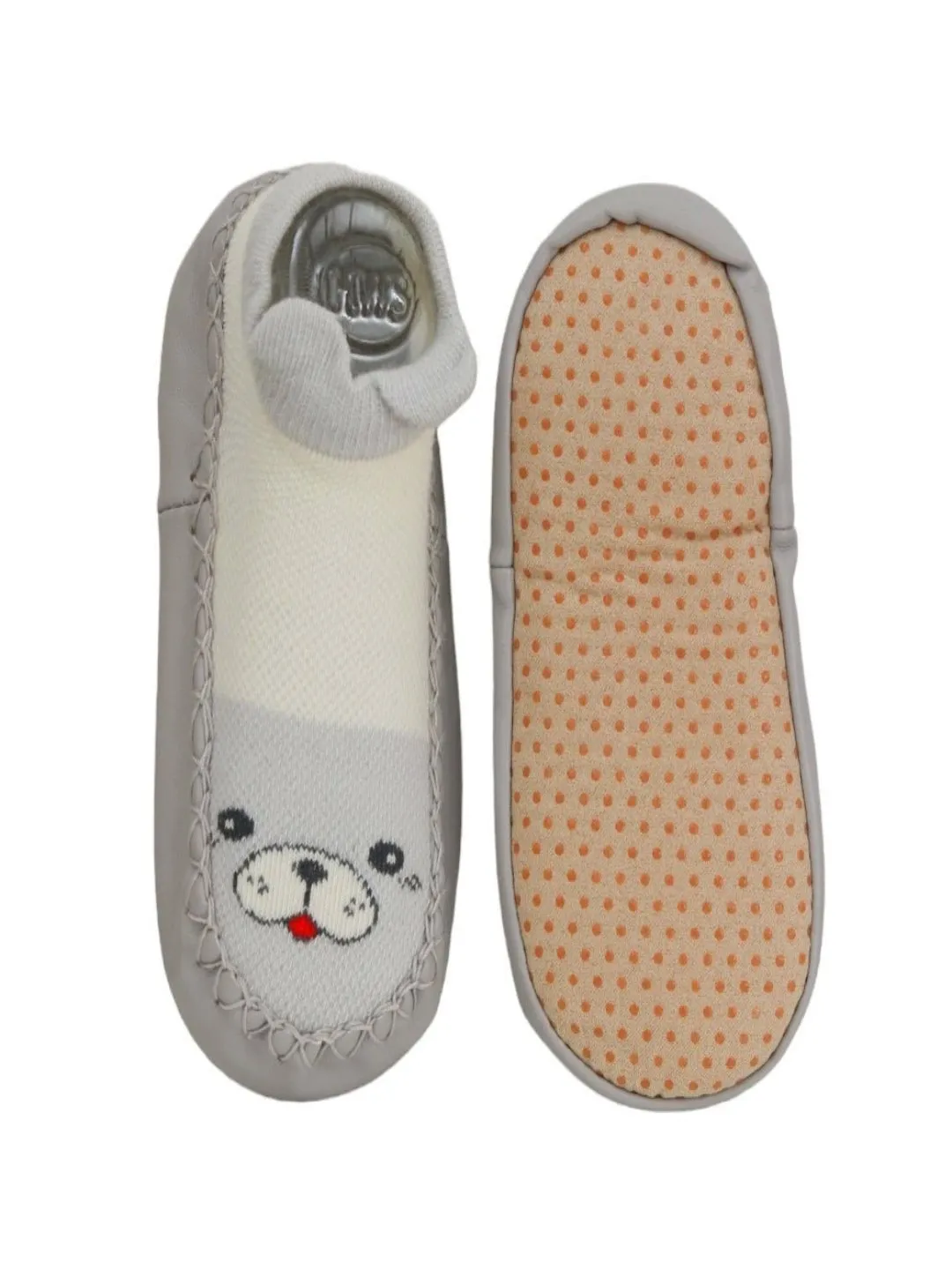 Adorable Puppy Print Leather Socks for Baby Boys- Cozy & Cute, Grey & White