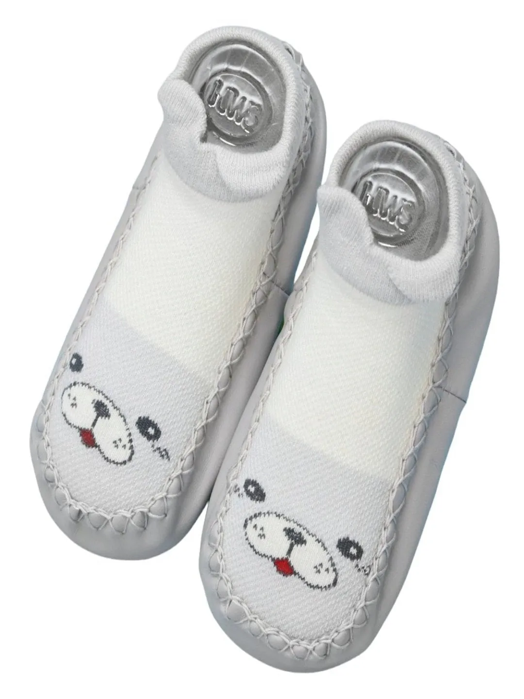 Adorable Puppy Print Leather Socks for Baby Boys- Cozy & Cute, Grey & White