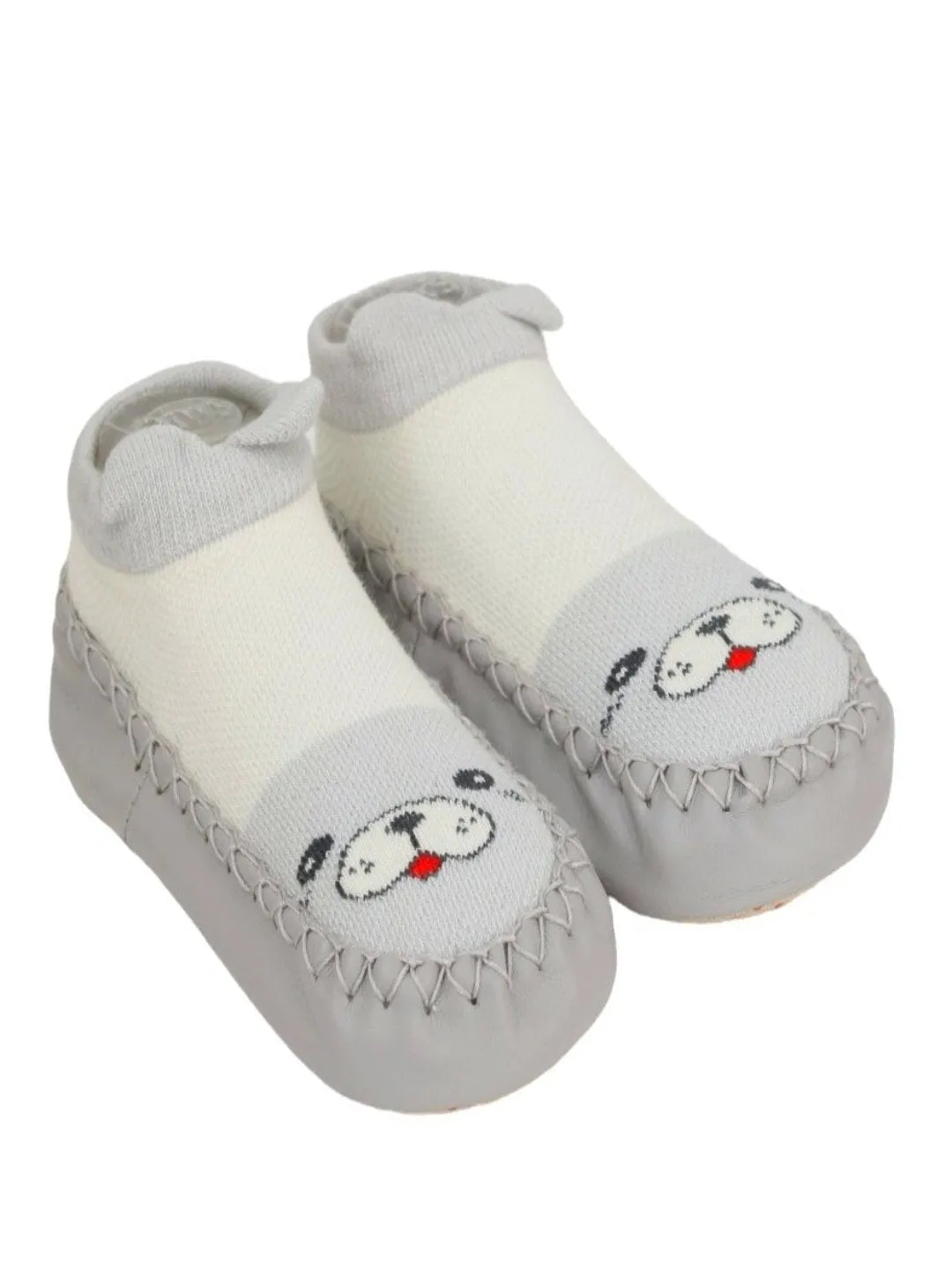 Adorable Puppy Print Leather Socks for Baby Boys- Cozy & Cute, Grey & White