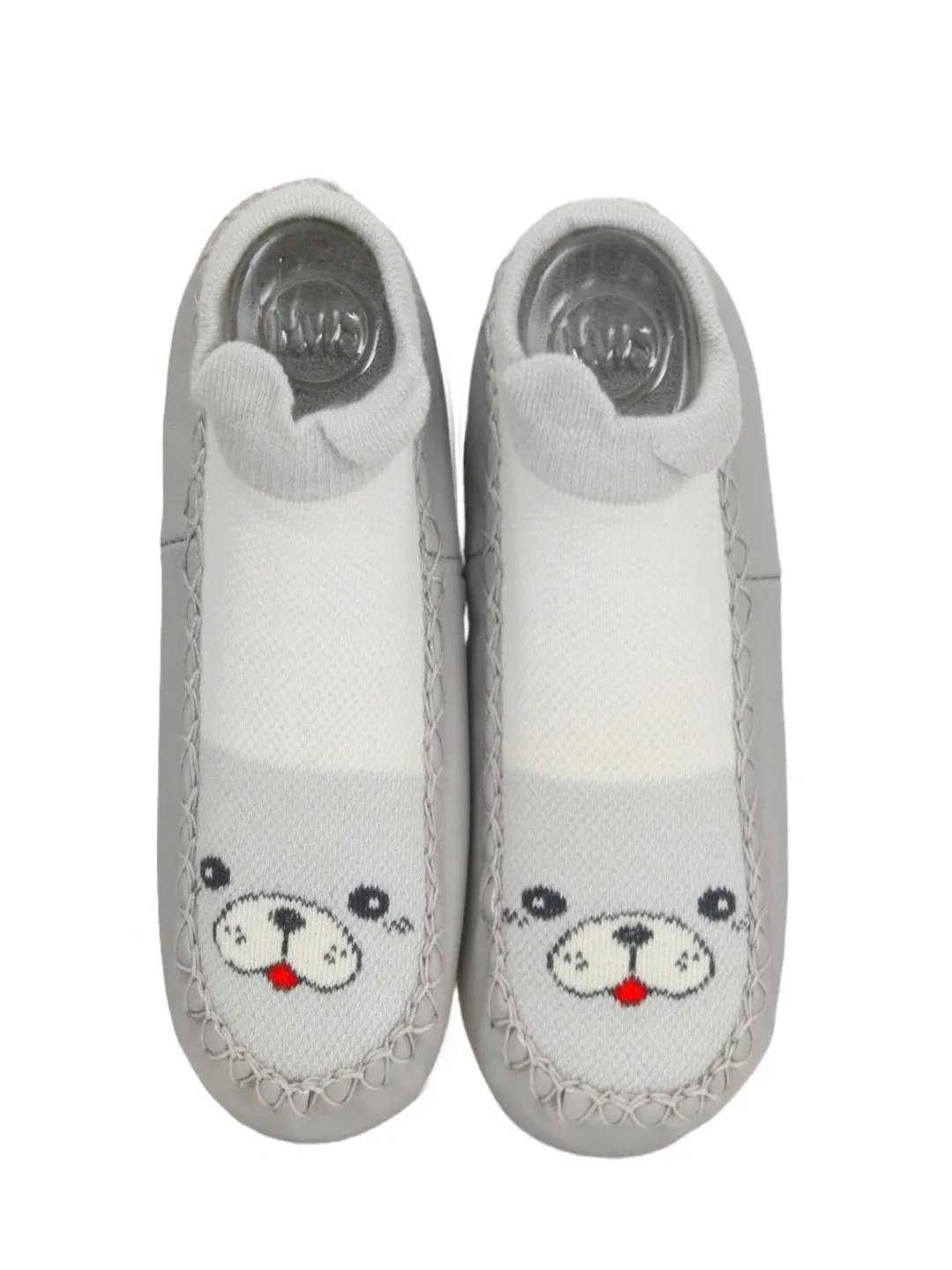 Adorable Puppy Print Leather Socks for Baby Boys- Cozy & Cute, Grey & White