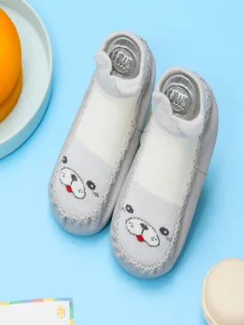 Adorable Puppy Print Leather Socks for Baby Boys- Cozy & Cute, Grey & White