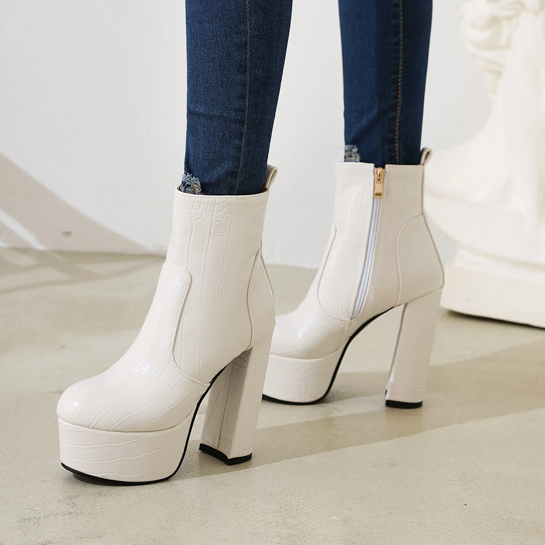 Bigsizeheels Fashion chunky heel platform boots - Beige