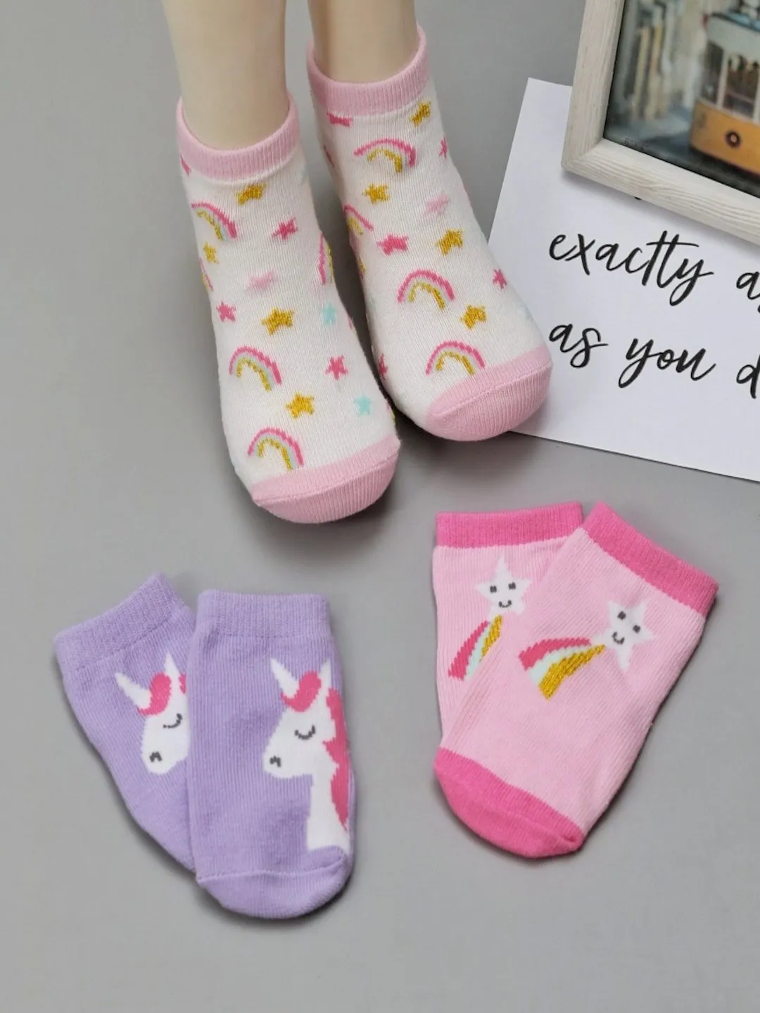 Charming Unicorn, Star & Rainbow Baby Socks Set - Purple & Pink