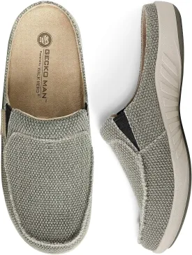 Mens Slippers with Arch Support, Canvas House Slipper for Men with Velvet Lining, Slip On Clog, Indoor Outdoor House Shoes with Anti-Skid Rubber Sole