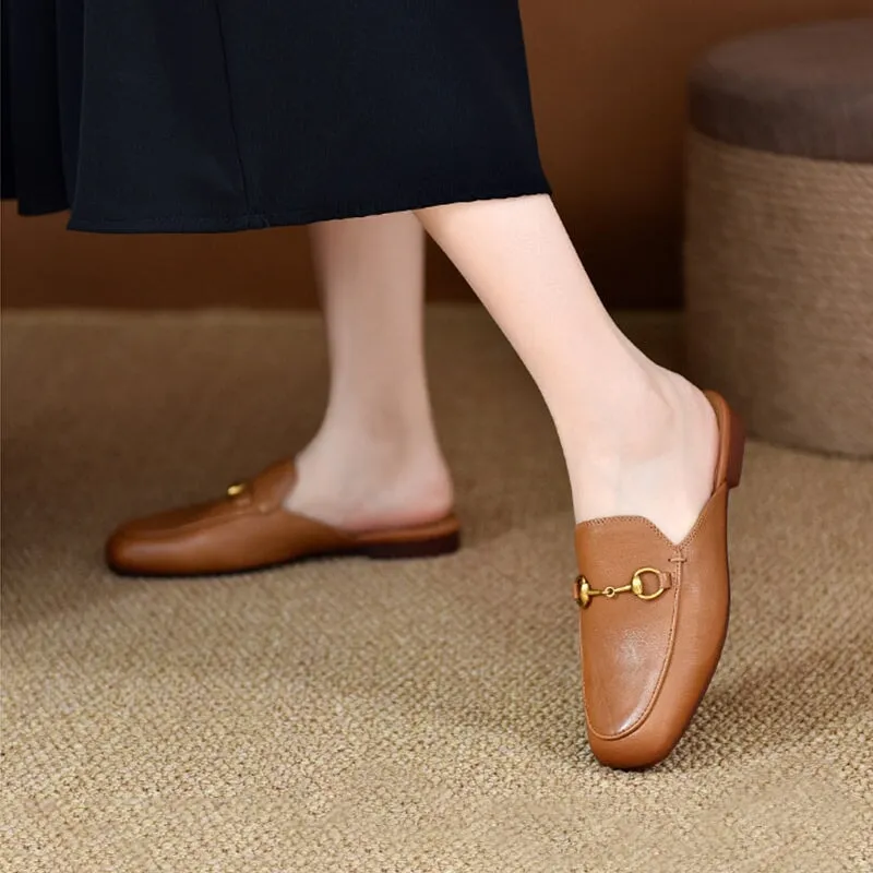 Retro Horsebit-Detailed Leather Loafer Mules for Women Backless Loafers in Black/Beige/Brown