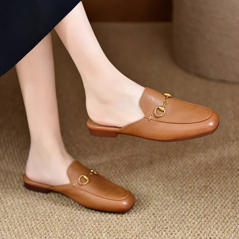 Retro Horsebit-Detailed Leather Loafer Mules for Women Backless Loafers in Black/Beige/Brown