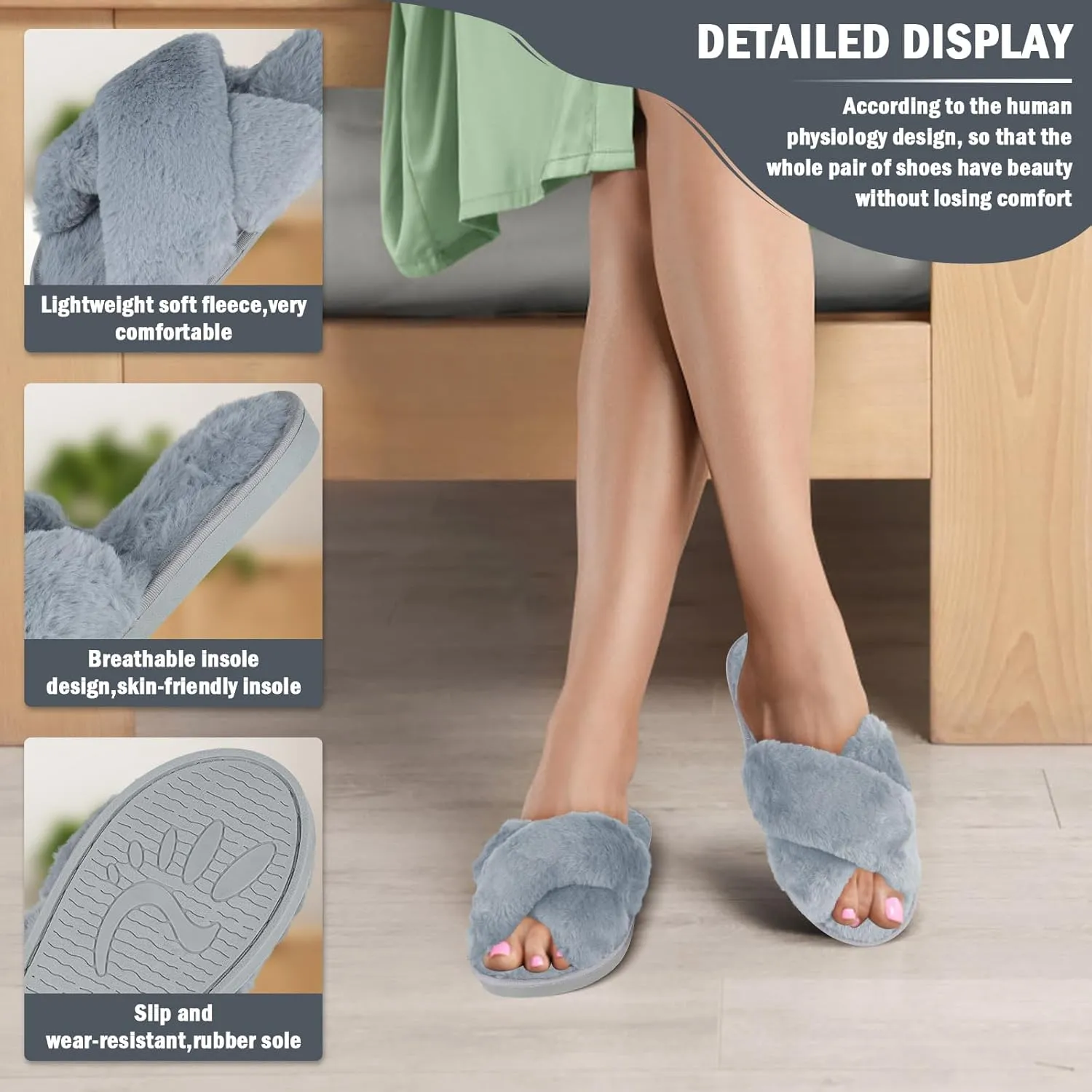 Slippers for Women,Women's Cross Band Slippers Fuzzy Soft House Slippers,Plush Memory Foam Shoes Cross Band Indoor Outdoor Open Toe Slipper