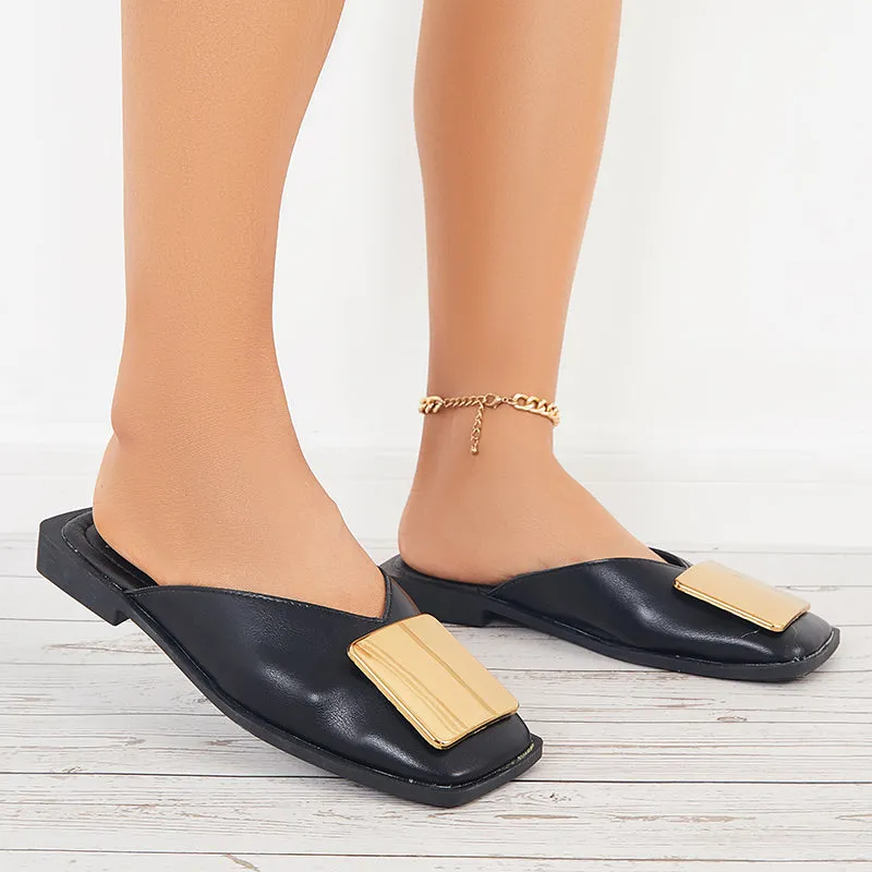 Sohiwoo  Women V Cut Flat Mules Square Toe Backless Mule Sandals