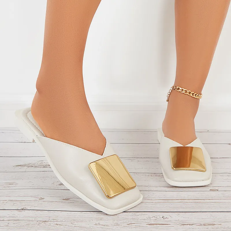 Sohiwoo  Women V Cut Flat Mules Square Toe Backless Mule Sandals
