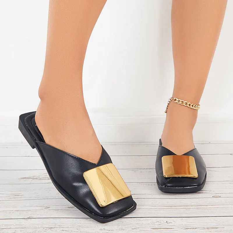 Sohiwoo  Women V Cut Flat Mules Square Toe Backless Mule Sandals
