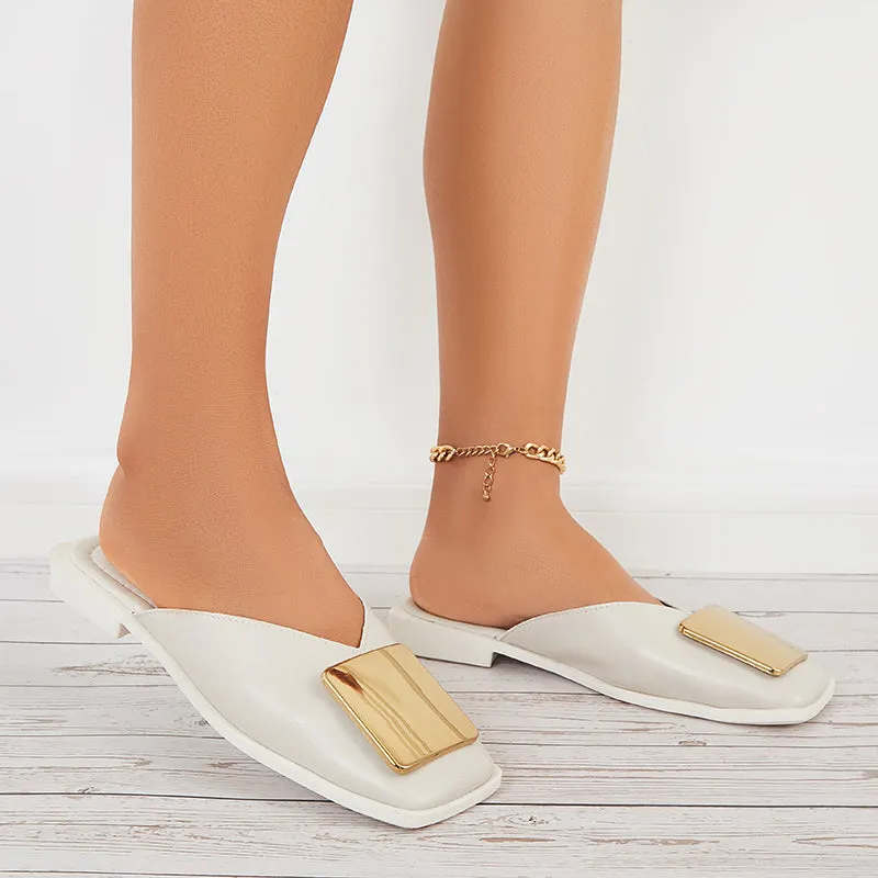 Sohiwoo  Women V Cut Flat Mules Square Toe Backless Mule Sandals