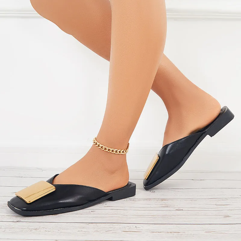 Sohiwoo  Women V Cut Flat Mules Square Toe Backless Mule Sandals