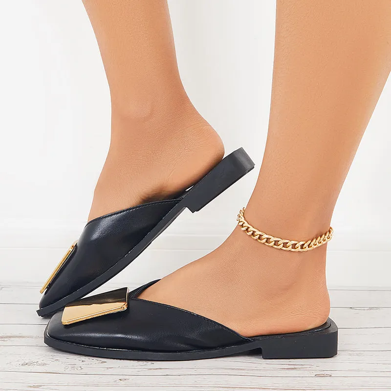 Sohiwoo  Women V Cut Flat Mules Square Toe Backless Mule Sandals