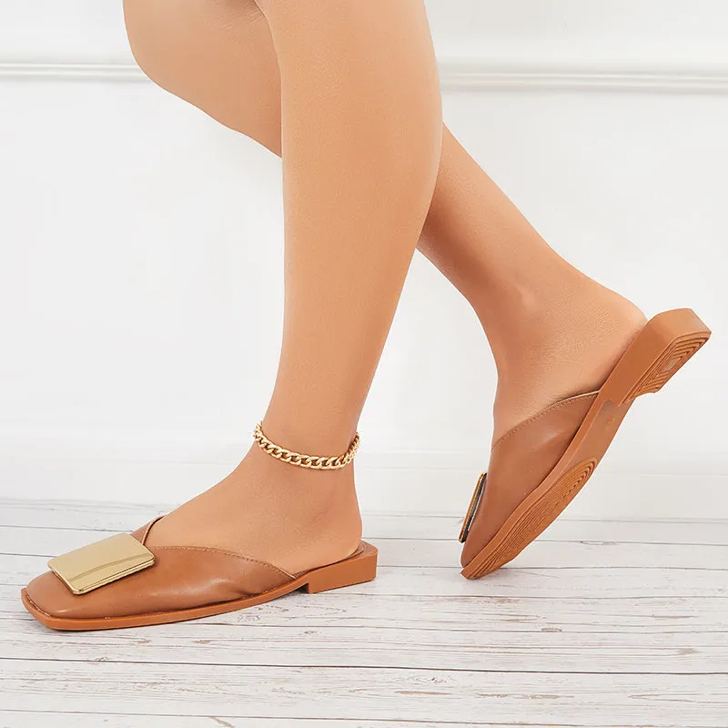 Sohiwoo  Women V Cut Flat Mules Square Toe Backless Mule Sandals