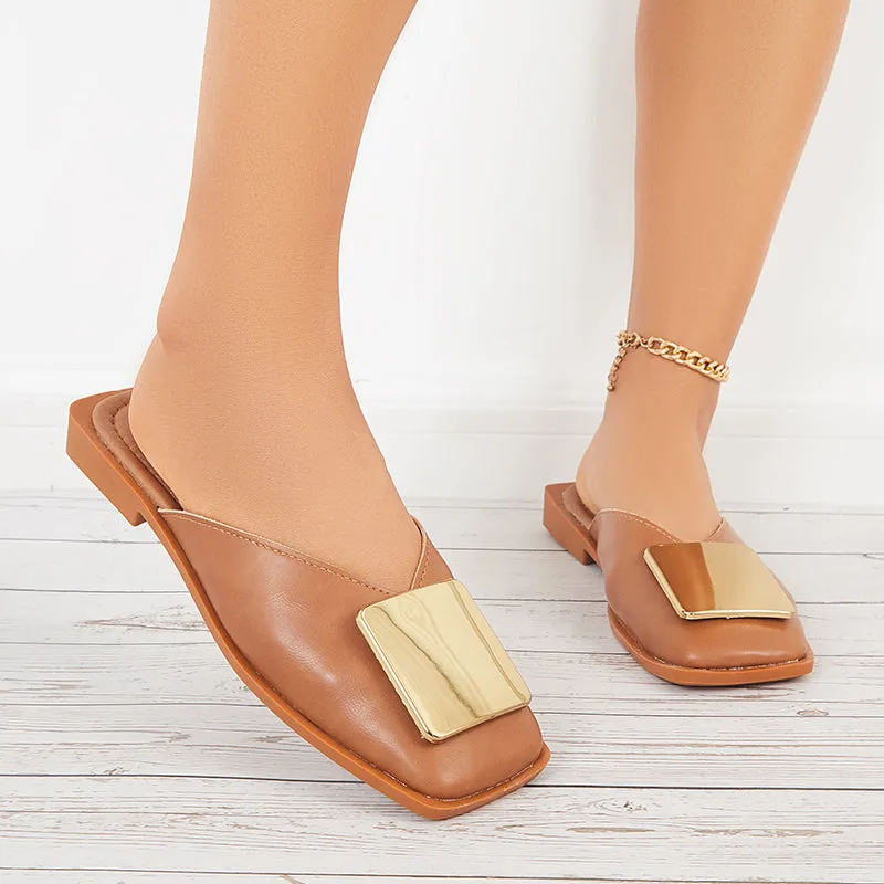 Sohiwoo  Women V Cut Flat Mules Square Toe Backless Mule Sandals