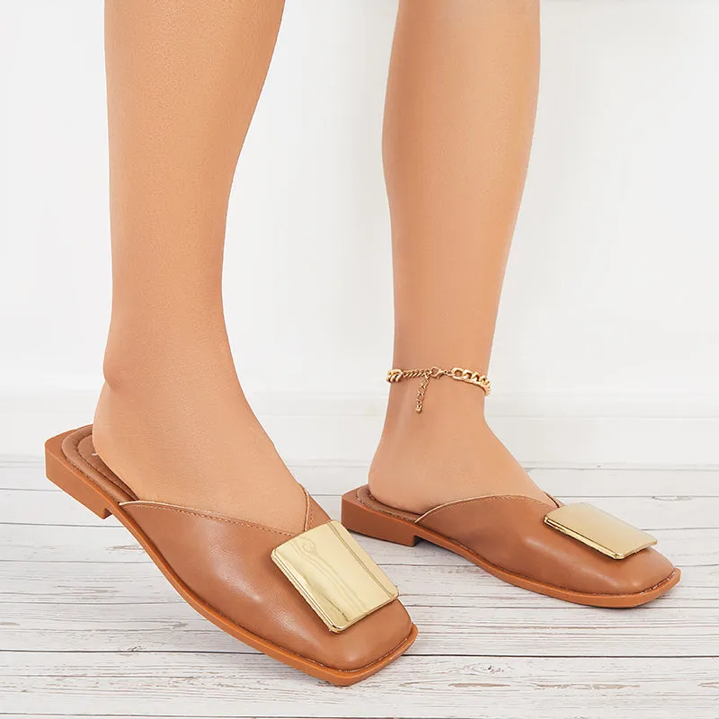 Sohiwoo  Women V Cut Flat Mules Square Toe Backless Mule Sandals