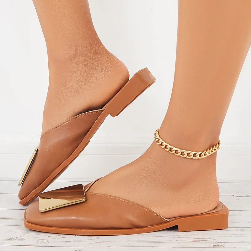Sohiwoo  Women V Cut Flat Mules Square Toe Backless Mule Sandals