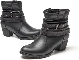 VJH confort Women's Mid Calf Boots,Round Toe Comfort Low Heel Slouchy Dress Booties with Buckle Strap Side Zipper