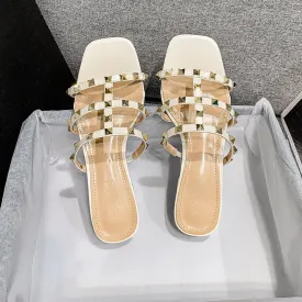 Womens Studded Flat Sandals Open Square Toe Rivets Strappy Slip on Slides Sandal
