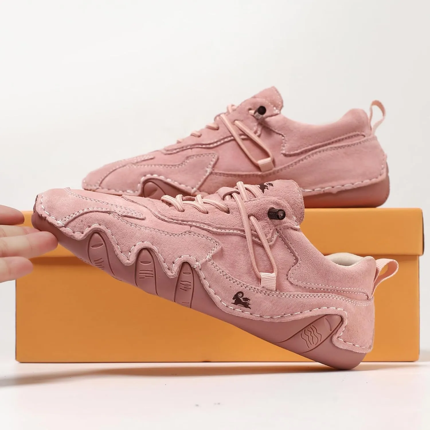 Women's Waterproof Suede Casual Walking Shoes for Hiking Camping & Driving All Season Fashion Retro Elastic Lace Up Hand Stitched Outdoor Sports Sneakers