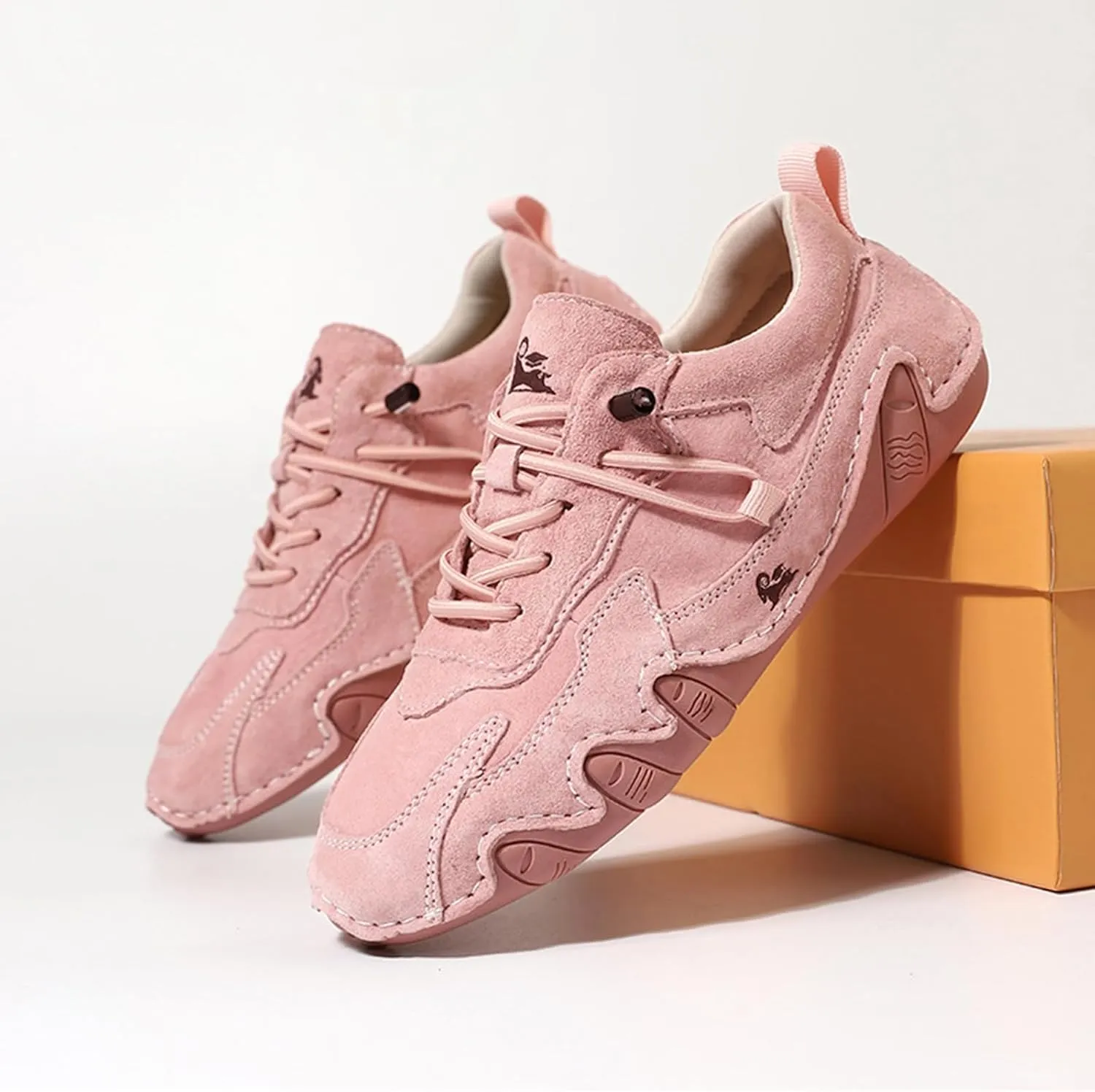 Women's Waterproof Suede Casual Walking Shoes for Hiking Camping & Driving All Season Fashion Retro Elastic Lace Up Hand Stitched Outdoor Sports Sneakers